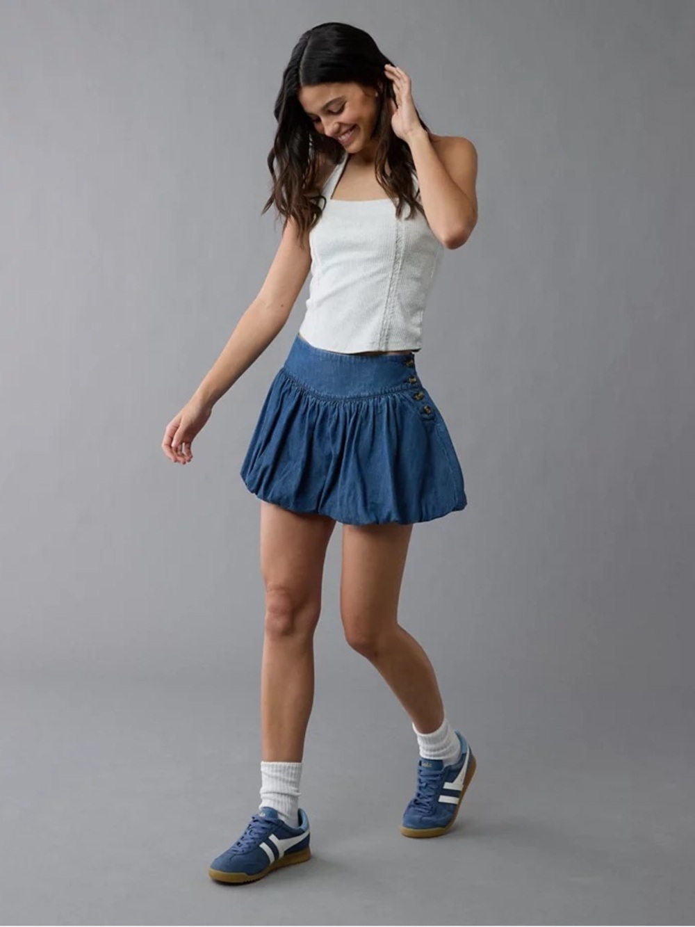 American Eagle AE Stretch Bubble Skort Blue Denim Mini Skirt Size 8 Medium Wash